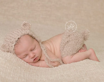 Hand Knit Newborn Teddy Bear Outfit: Fuzzy Beige Bonnet & Diaper Cover