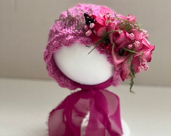 New born Knitted bonnet-New born flower bonnet