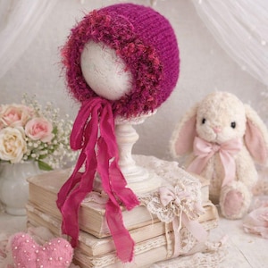 Handmade Newborn Bonnet with Satin Ribbon – Deep Magenta Knit Baby Hat, Photography Prop