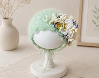 Newborn Mint Mohair Bonnet with Floral Detail, Knit Baby Bonnet, Newborn Photo Prop, Tieback Bonnet, Soft Baby Girl Hat, RTS Newborn Bonnet