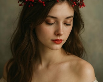 Rustic Red Berry Christmas Crown: Woodland Holiday Headband