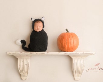 Hand knitted black cat outfit, swaddling sack and  bonnet set, new born Halloween photo prop-Knitted Animal Baby Hat