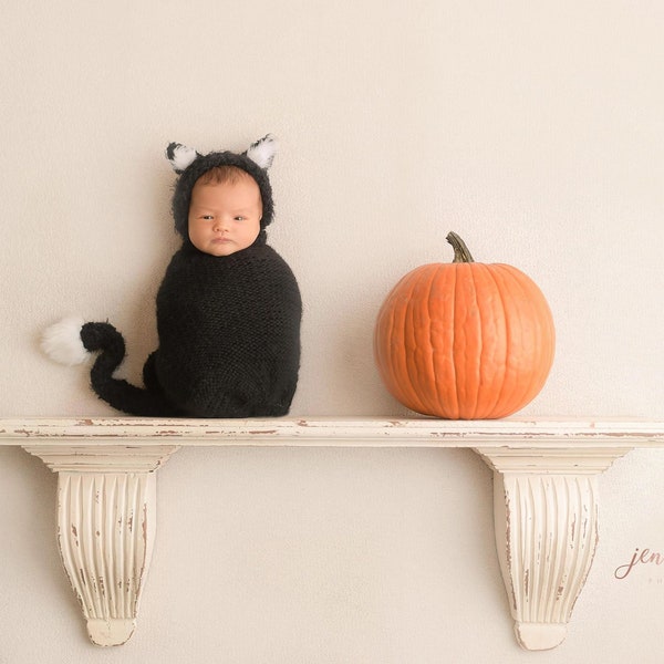 Hand knitted black cat outfit, swaddling sack and  bonnet set, new born Halloween photo prop-Knitted Animal Baby Hat