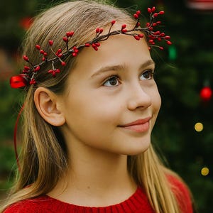 Rustic Red Berry Crown – Christmas Headband for Girls, Holiday Photo Prop with Satin Ribbon Tie, Woodland Winter Hair Wreath