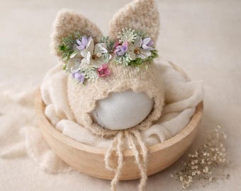 Gorro de conejito floral para recién nacidos: accesorio fotográfico de mohair, gorro para el primer mes