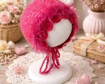 Handmade Newborn Pink Bonnet – Mohair Trim, Photo Prop