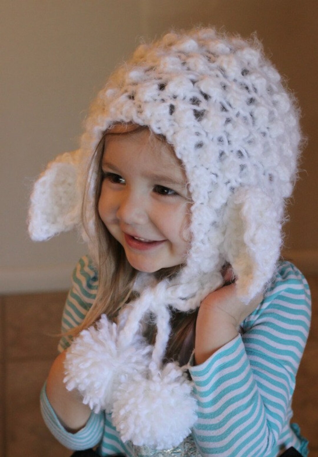 Knitted White Lamb Hood, Knitted Animal Little Girl Clothing
