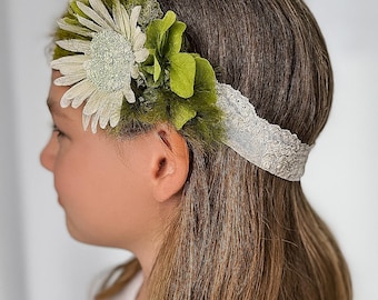 Whimsical Green Silk Flower & Feather Headband – Green Lace Baby Girl Photo Prop