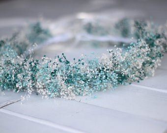 Tie Back Dried Flowers Wreath, Rustic Wedding Accessories, Baby's Breath Floral Crown,Teal ,Blue,Baby's breath crown