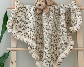Hand Knitted Crochet Baby Blanket: Cream Acrylic Ruffle Border