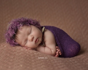 Handmade Newborn Purple Bonnet with Faux Fur Trim and Ribbon Ties – Photography Prop