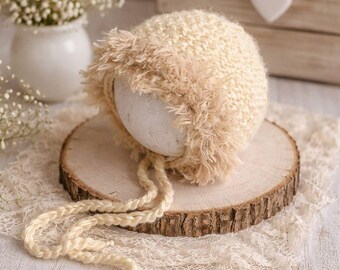 Soft Wool Blend Newborn Bonnet with Fluffy Fur Edge