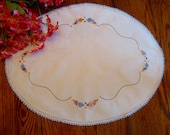 Linen Embroidered Doily White Oval Floral Doily with Blue Crochet Trim Centerpiece Doilies