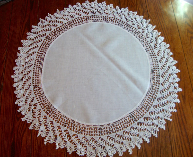 White Linen Tablecloth Round Table Cover Crochet Trim Vintage Large Doily