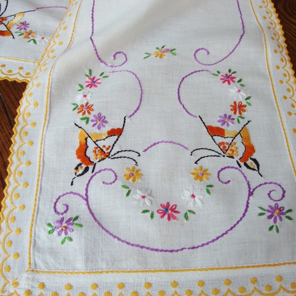 Butterflies Dresser Scarf Hand  Embroidered