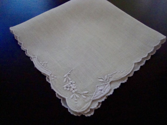 Antique Linen Hankie Ladies Handkerchief Pale Gre… - image 4