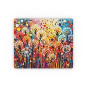 May include: A rectangular decorative mat featuring a vibrant, colorful painting of dandelions. The artwork showcases a field of dandelions in various stages of bloom, with white, yellow, and orange seed heads against a background of colorful dots and splashes.