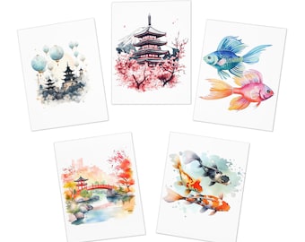Watercolor Japanese Scenes & Koi Fish Blank Note Cards Greeting Cards 5-Pack