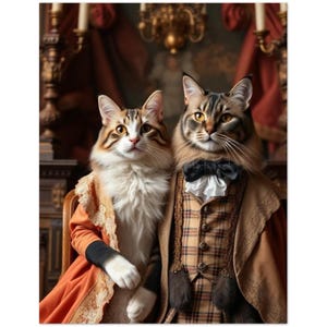 Puede incluir: Dos gatos vestidos con atuendos formales. El gato de la izquierda lleva un vestido naranja con ribete de encaje. El gato de la derecha lleva un chaleco de cuadros beige, una chaqueta marrón y una pajarita negra con cuello de volantes.
