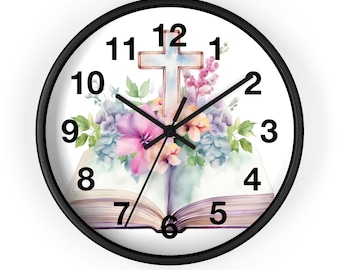 Floral Cross with Open Bible Wall Clock | Christian Home Decor