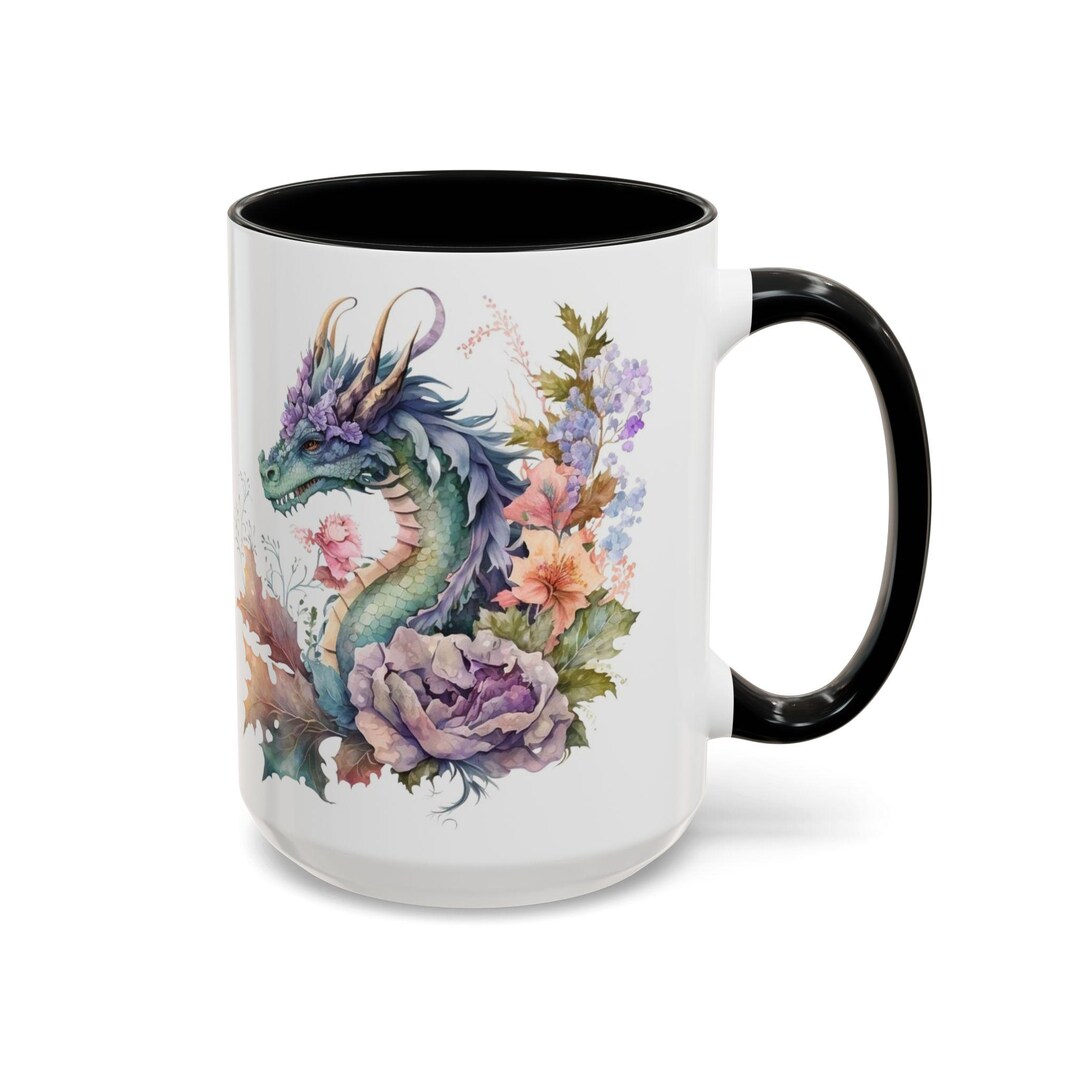 Floral Dragon Illustration Coffee Mug | Accent Coffee Mug 11oz 15oz - Etsy
