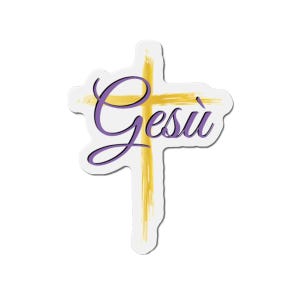 May include: A sticker featuring a cross with a yellow, brushstroke-style design. The word "Gesù" is written in purple script across the cross. The sticker has a white border and is set against a white background.