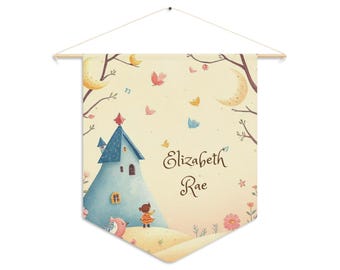 Fanion maison de conte de fées fantaisiste | Bannière personnalisée pour chambre d'enfant