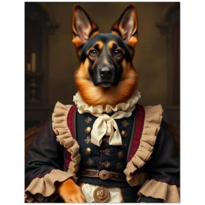 May include: A digital portrait of a German Shepherd dog dressed in regal attire. The dog wears a black and navy blue jacket with gold buttons, a white ruffled collar, and a cream-colored bow. The background is a blurred, antique-style interior.