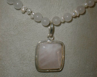 Rose Quartz Necklace Pendant Silver Pearls Heart Chakra LOVE Calming for Trauma Comforting Strengthens Empathy
