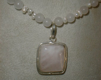 Rose Quartz Pendant Necklace, Sterling Silver, Pearl Accents, Adjustable