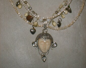 Goddess - Heart Chakra - Necklace - Multilayered - Face - Topaz - HEARTS - Mother of Pearl - Protective - Tiny Beads - Sterling Silver -