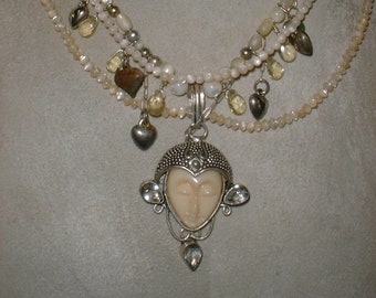 Goddess Face Necklace - Sterling Silver, Topaz & Mother of Pearl