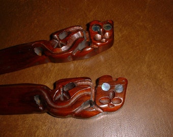 RARE - MAORI - Pair - Hand Carved - Wood - 2 - Tiki - Inlaid Eyes - Indigenous - Bookmark - Hair Ornament - Polynesian Art