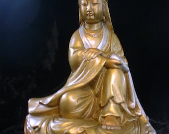 Golden Quan Yin Statue - Goddess of Compassion, Hydrostone Sculpture
