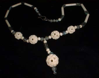 Vintage Necklace - Choker - Dainty - Feminine - Carved - Bone - Labradorite - Delicate - Unusual - One of a Kind -