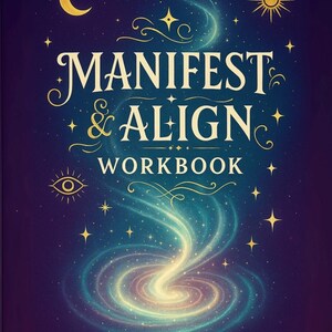 Könnte beinhalten: Ein Arbeitsbuch mit dunkelblauem Einband. Der Titel "Manifest & Align Workbook" ist in goldener Schrift gehalten. Das Design umfasst einen Halbmond, eine Sonne, Sterne und eine wirbelnde Galaxie-Illustration in Blau, Gold und Weiß.