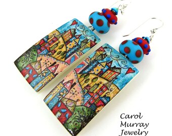 Home is Where the Heart Is Enamel Village Charm Lampwork Glass Artsy Whimsical Carol Murray Jewelry Beaded Earrings ER 287