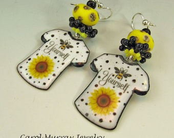 Home is Where the Heart Is Enamel Village Charm Lampwork Glass Artsy Whimsical Carol Murray Jewelry Beaded Earrings ER 287