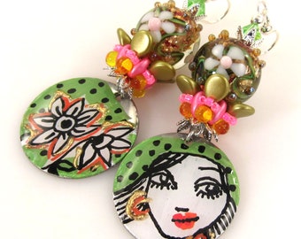 Boho Earrings, Colorful Gal and Flowers Earrings, Lampwork Earrings, Woven Bead Earrings, Carol Murray Jewelry Beaded Earrings (ER 178)