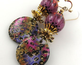 Colorful Sparkling Artisan Polymer and Lampwork Glass Earrings, Pink and Gold Earrings, Handmade Carol Murray Jewelry Bead Earrings (ER 506)