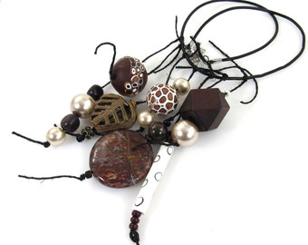 Fun Artsy Mixed Charm Necklace, Handmade Polymer Wood Stone and Pearl Necklace, Carol Murray Jewelry Beaded Necklace (NK 123)