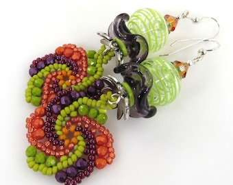 Colorful Handwoven Bead Earrings, Artisan Glass and Ruffle Earrings,  Handmade Carol Murray Jewelry Beaded Earrings (ER 116)