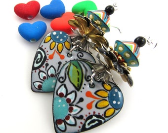 Colorful Pop Art Heart Earrings, Artisan Enamel and Hand Painted Wood Earrings, Valentine Love Earrings, Carol Murray Jewelry (ER 498)