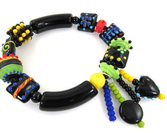Colorful Artisan Lampwork Glass Bracelet, Contemporary Stretch Bracelet, Handmade Mixed Media Carol Murray Jewelry Bracelet (BR 325)