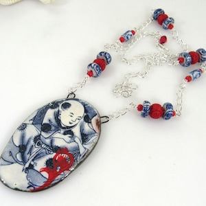 Asian Themed Necklace, Chinese Emperor Necklace, Porcelain and Cinnabar Necklace, Handmade Carol Murray Jewelry Beaded Necklace (NK 133)