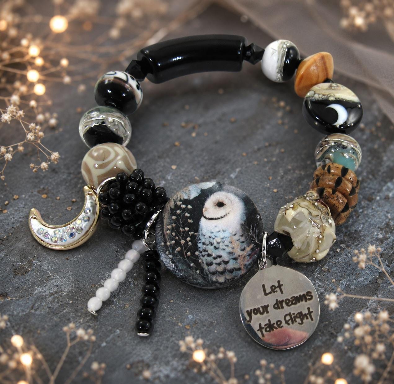 Woodland Owl Bracelet-Inspirational Bracelet-Mixed Media Stretch Charm Bracelet-Lampwork Carol Murra