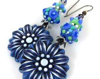 Cornflower Earrings, Artisan Polymer and Lampwork Glass Earrings, Floral Earrings, Blue Earrings, Carol Murray Jewelry  Earrings (ER 196(