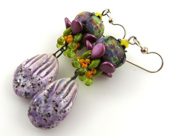 Boho Chic Earrings, Colorful Artisan Ceramic Woven Bead and Lampwork Glass Earrings,Purple Handmade Carol Murray Jewelry Earrings (ER 509)