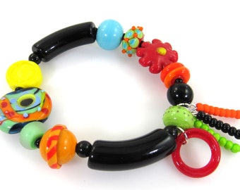 Colorful Artisan Lampwork Glass Bracelet, Avant Garde Bracelet, Whimsical Stretch Bracelet, Handmade Carol Murray Jewelry (BR 194)