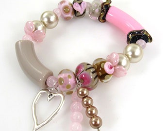 Colorful Feminine Mixed Bead Bracelet, Artisan Lampwork Glass Bracelet, Boho Spring Charm Bracelet, Carol Murray Jewelry Bracelet (BR 144)